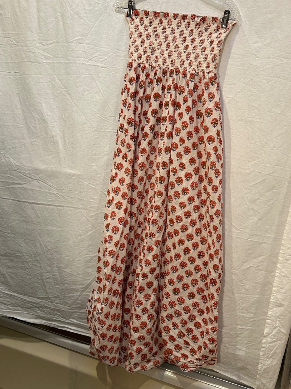 Charlie Joe Ethnic Indian Block print red blue flowers smocking strapless dress